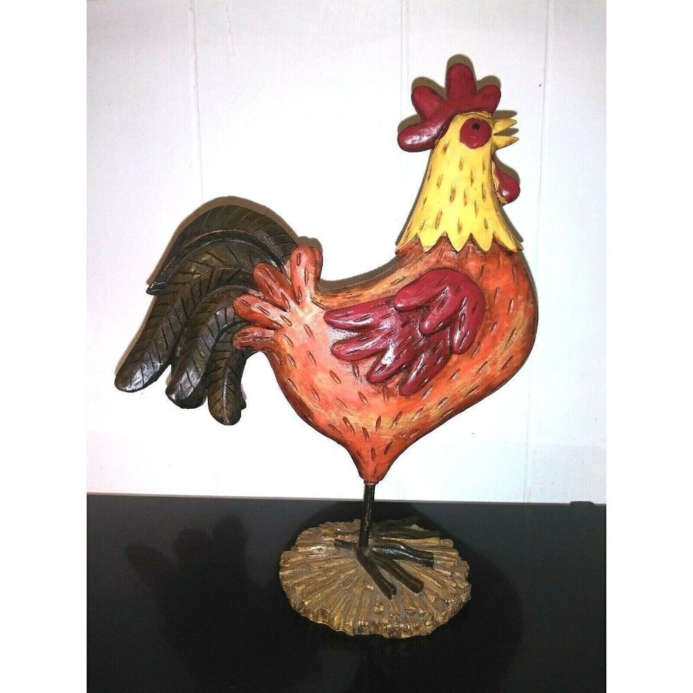 Rooster Chicken Figurine Resin Vintage Glazed Colorful 10" x 8" x 1.25" EUC
